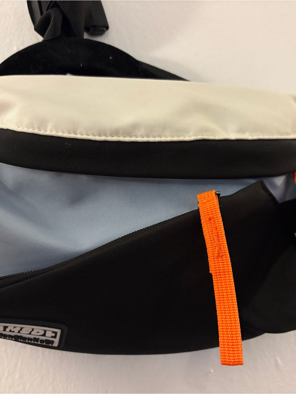Men's Black, Light Blue & White Crossbody Sling Bag with Orange Pull Tab